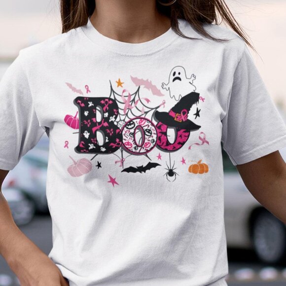 Ghost Boo Halloween T Shirt Breast Cancer Awareness - Picture 1 of 4